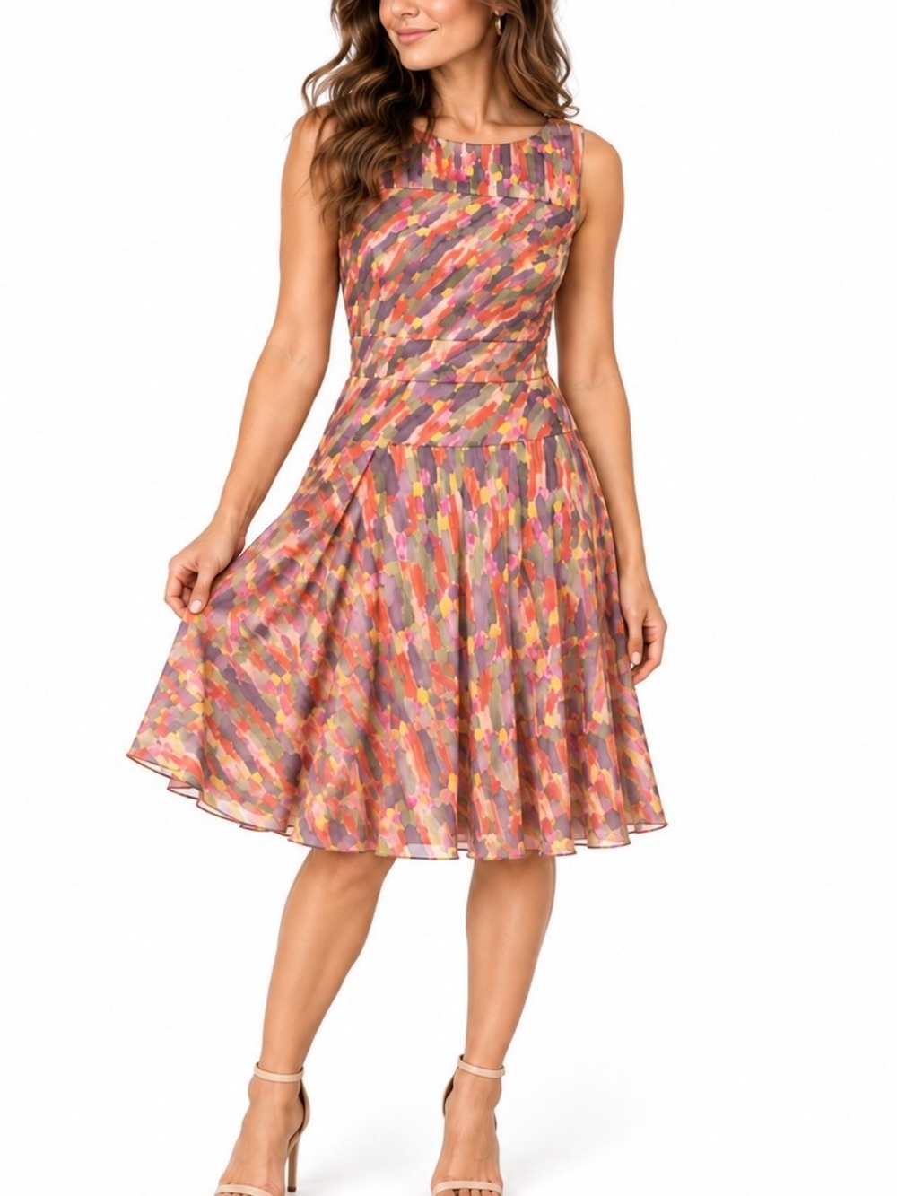 Phase 7 Seven Abstract Watercolor Pleated Fit Flare Midi Dress 8 Wedding Guest